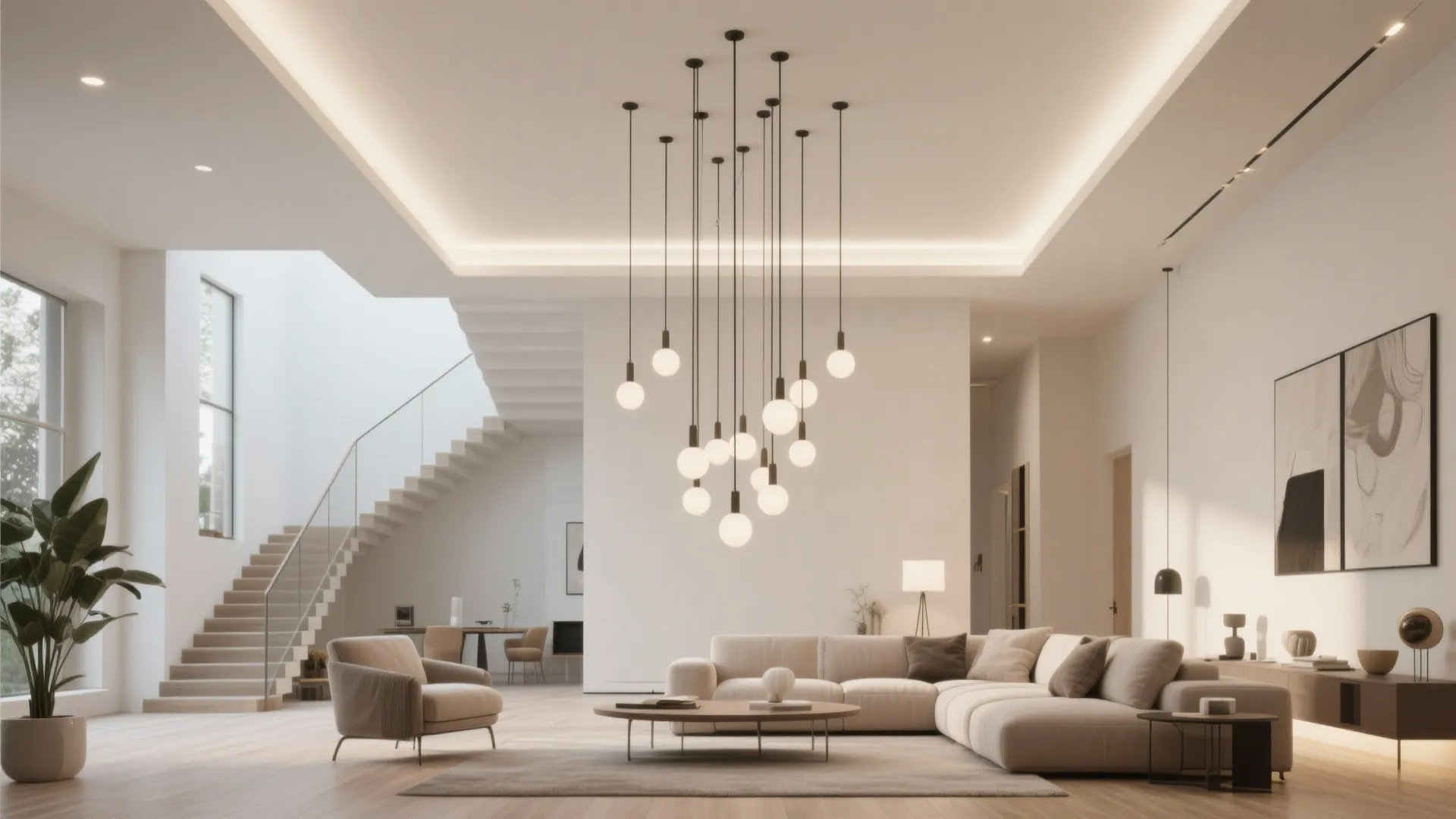 Multi-drop pendant fixture with cables of varying lengths in tall living space