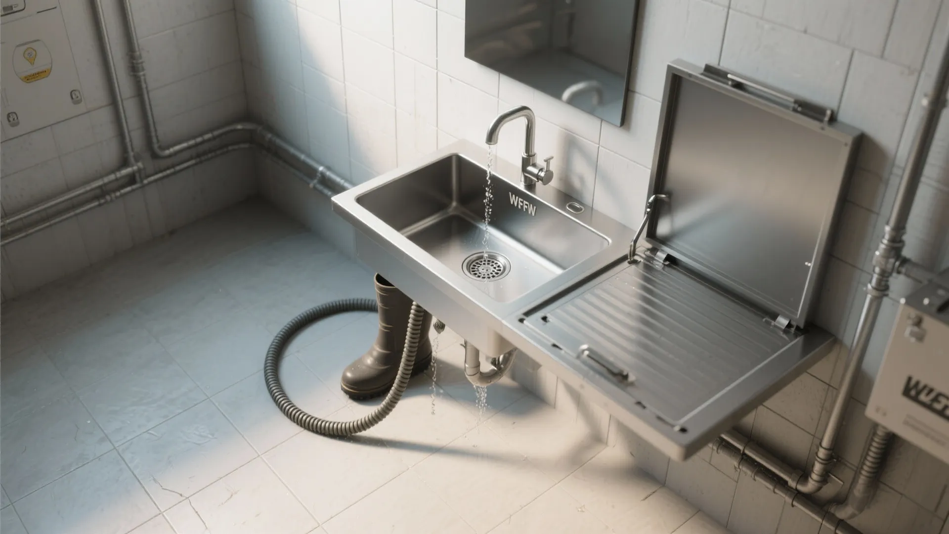 5. Multipurpose Fixtures: Sink + Boot Washer + Folding Surface