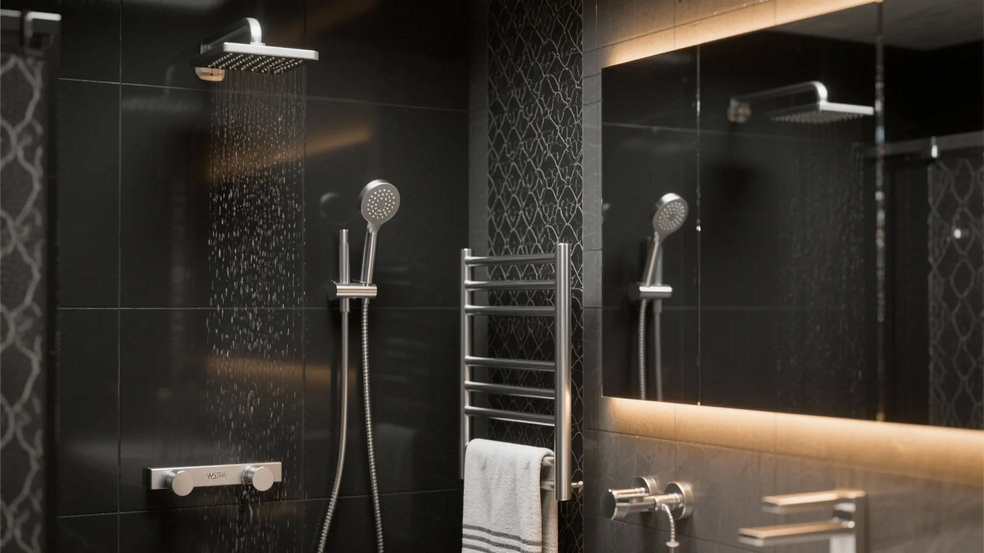 Modern black tiled bathroom featuring running shower head, handheld sprayer, towel rack and lighted mirror