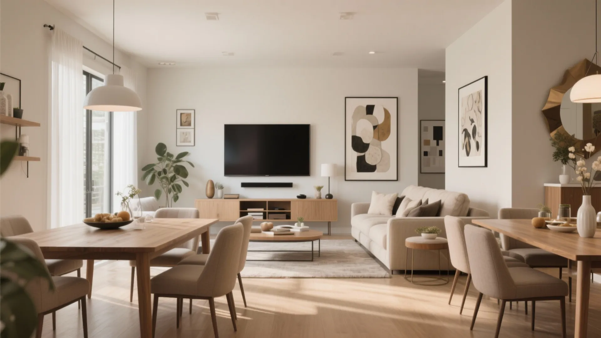 Modern living room with white walls, wooden dining table, cream sofa, television, and wall art