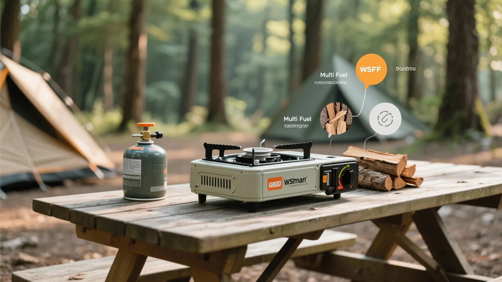 Portable camping stove on a wooden table outdoors with gas tank and firewood in forest