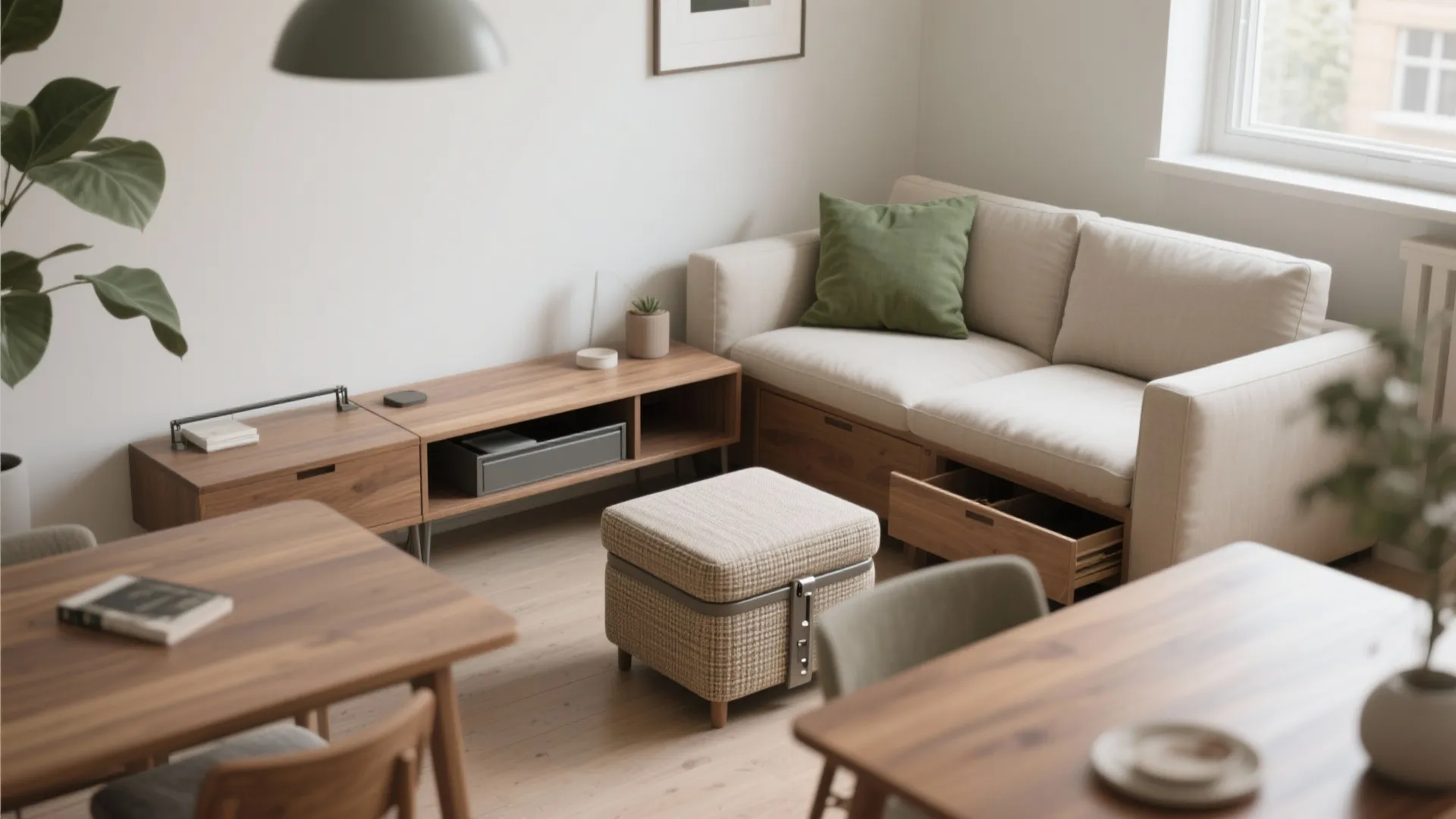 Modern living room featuring a beige sofa with storage drawers wooden cabinet and small square footrest