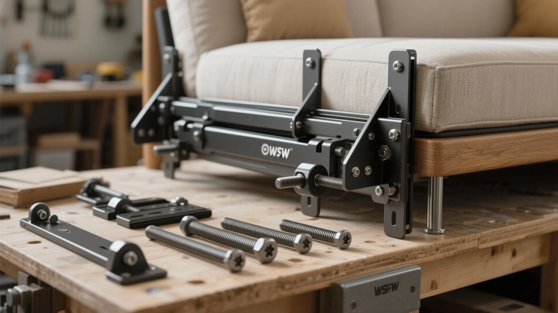 Close up of metal sofa frame parts with bolts and tools on a wooden workbench