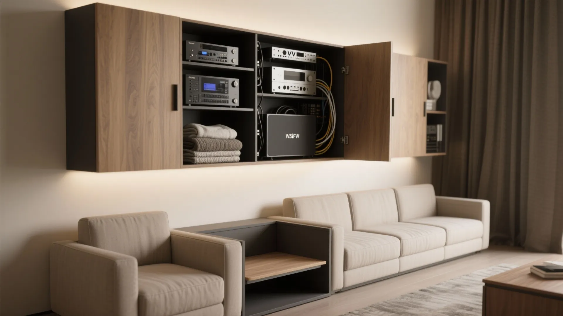 Wall mounted wooden cabinet with open doors showing media players above a beige fabric sofa