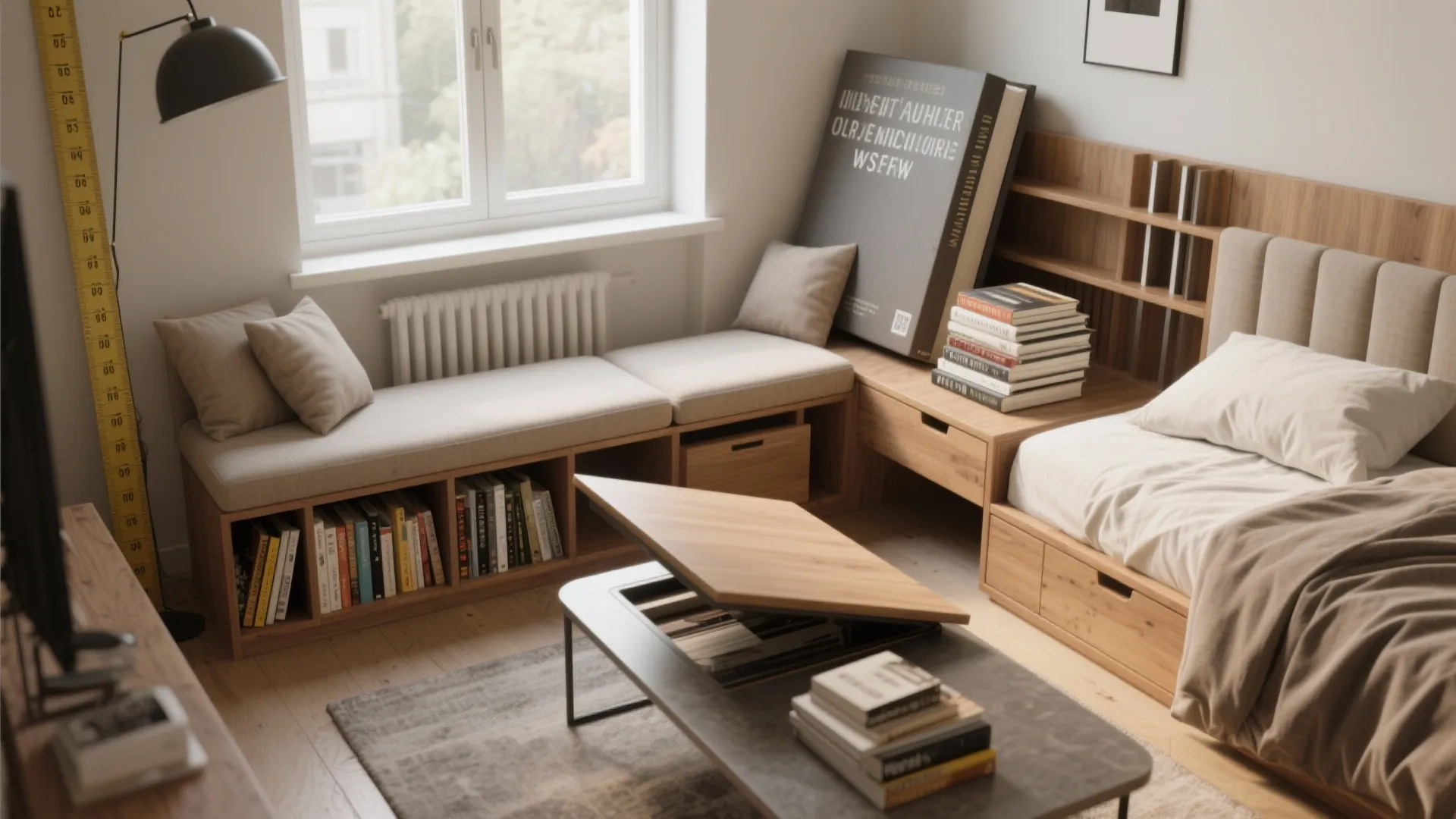 Multifunctional furniture: bench with hidden cubbies, lift-top coffee table, and headboard shelves in a small room.