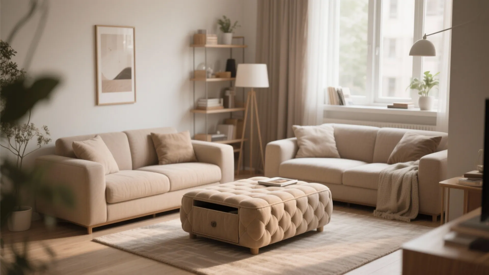 Ottoman with hidden storage used as coffee table