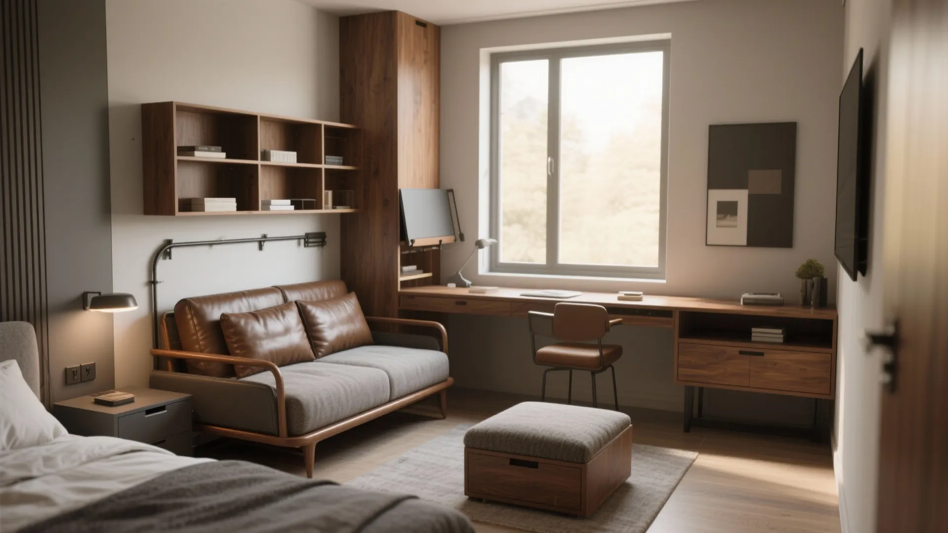 Small bedroom showcasing multifunction pieces: sofa-bed, fold-down desk, and storage ottoman.