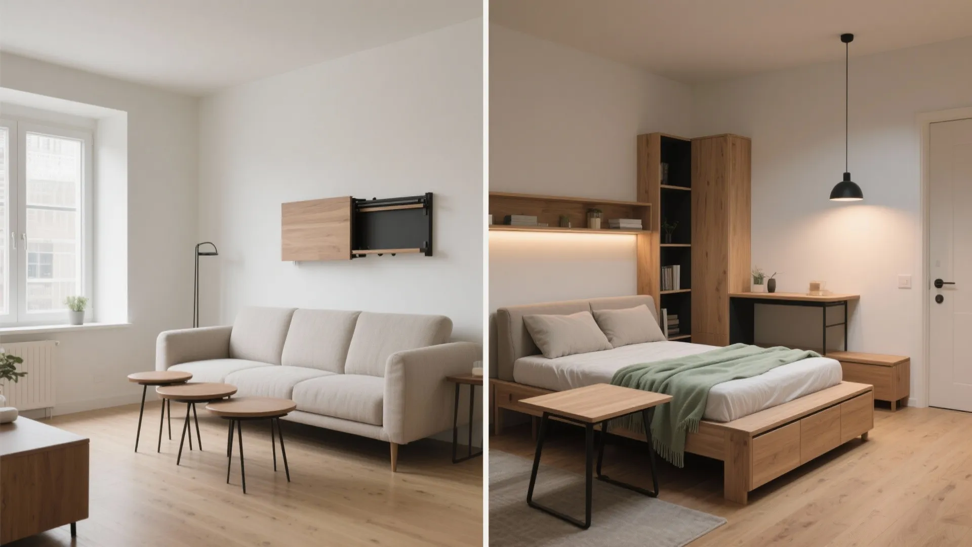 Before and after comparison of a living room sofa space versus a bedroom with bed