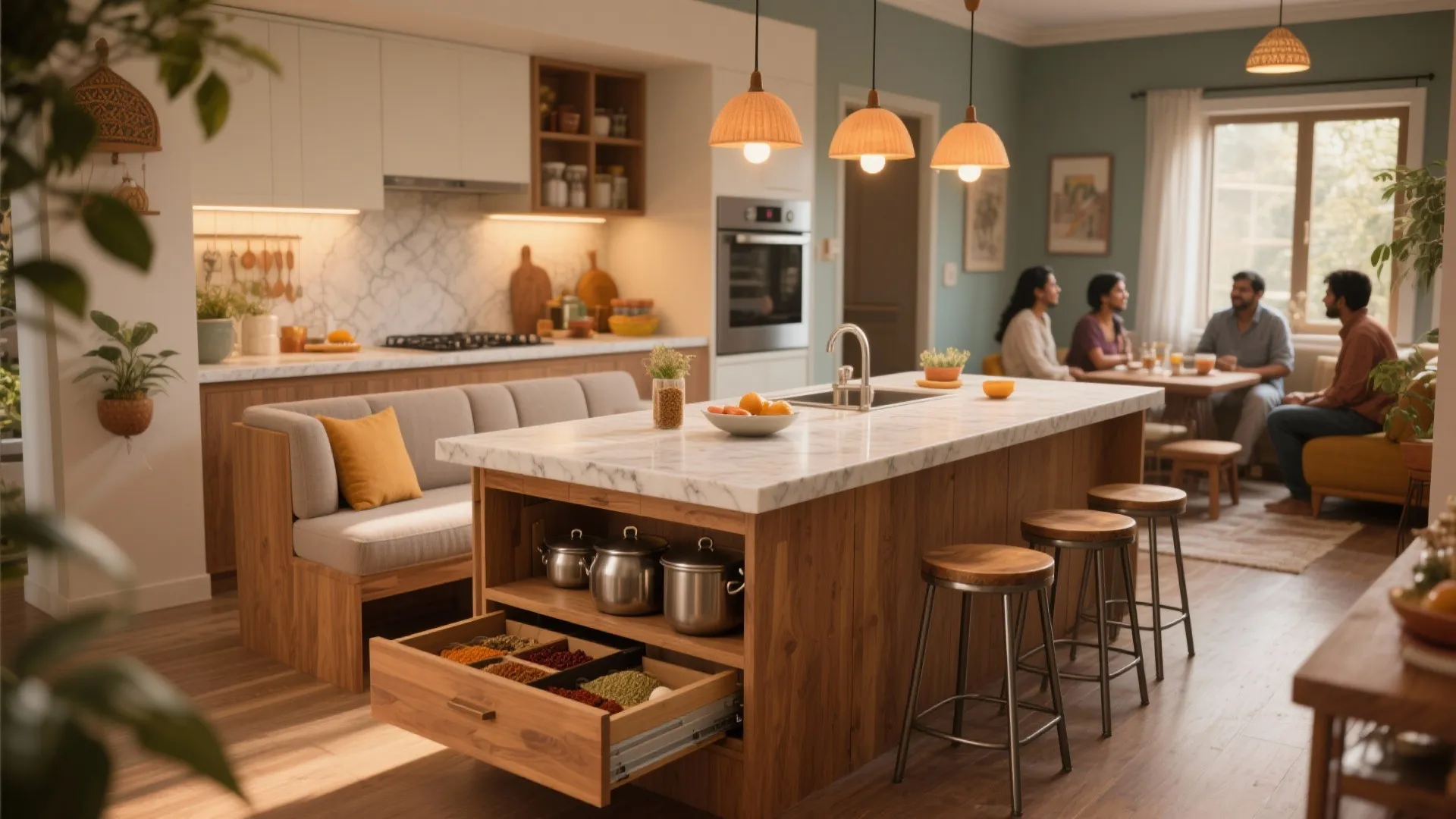Large wooden kitchen island with marble top storage drawers bar stools and people dining behind