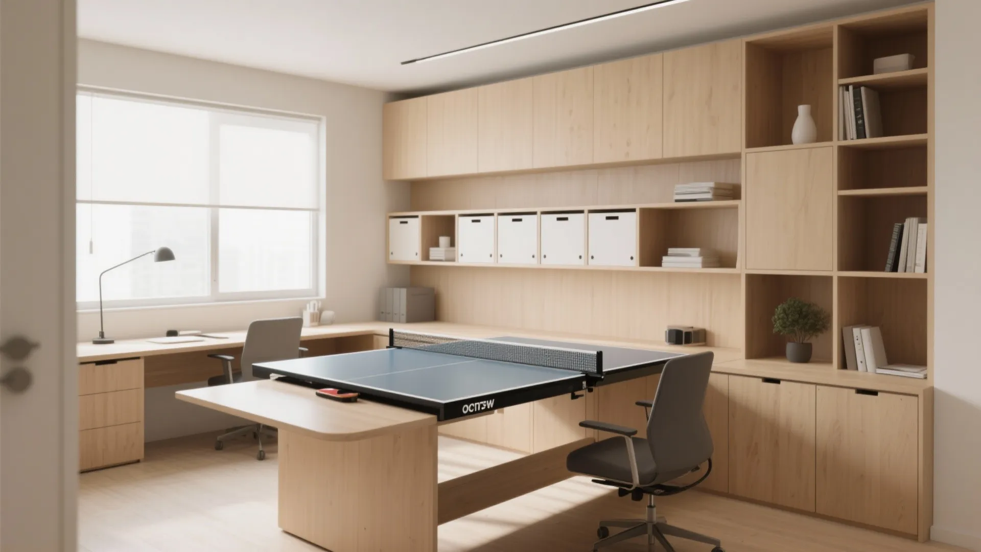 Modern home office with wooden wall cabinets and a ping pong table over the desk