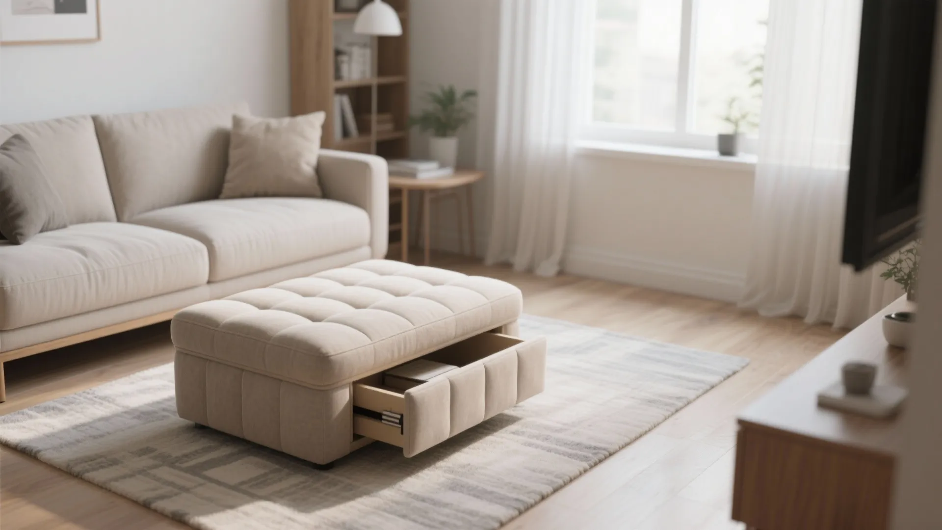 Living room with storage ottoman used as coffee table