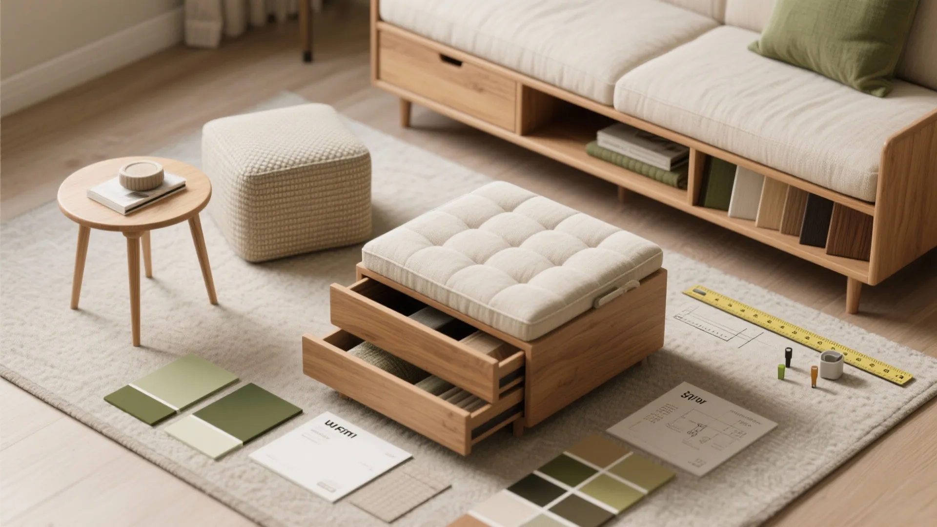 Wooden footrest with storage drawers on a grey rug surrounded by color swatches and tools