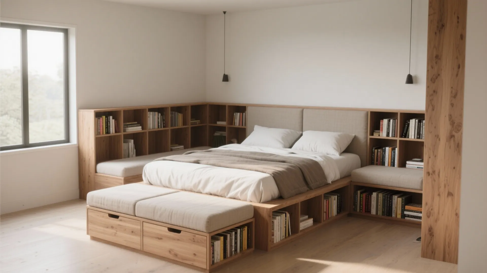 Modern wooden bed frame with built in bookshelves and storage drawers in a bright bedroom
