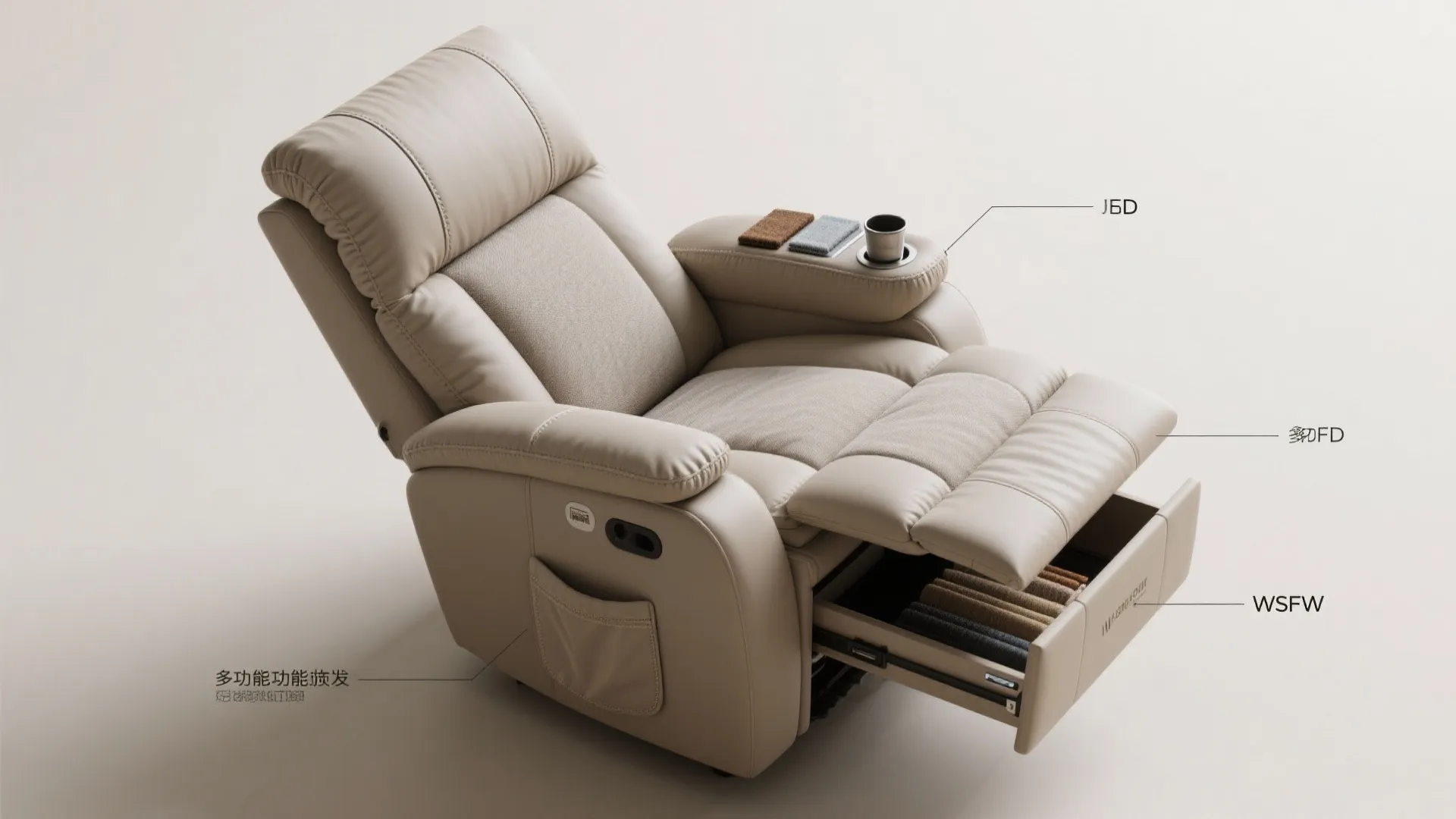 Modern cream leather sofa with cup holder and open storage drawer showing interior furniture features