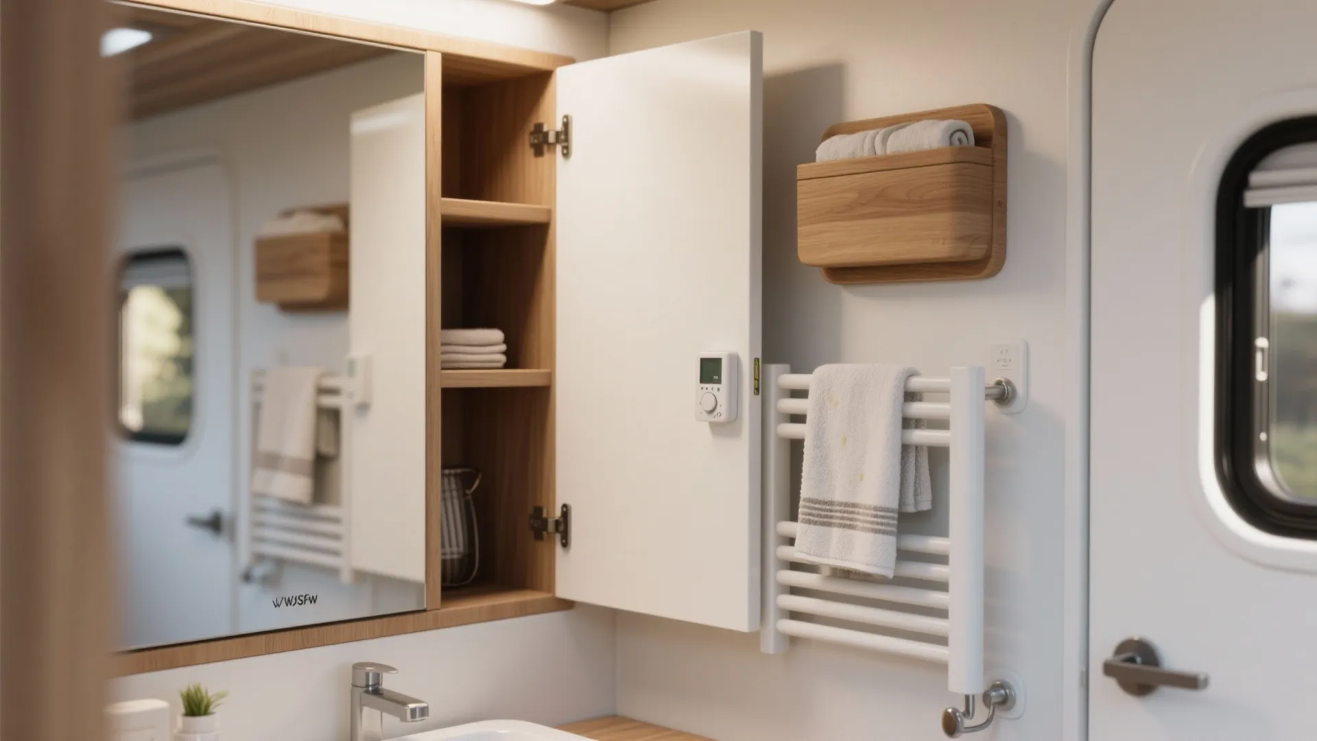 Modern bathroom storage with wooden cabinet white towel rack mirror and small window for light