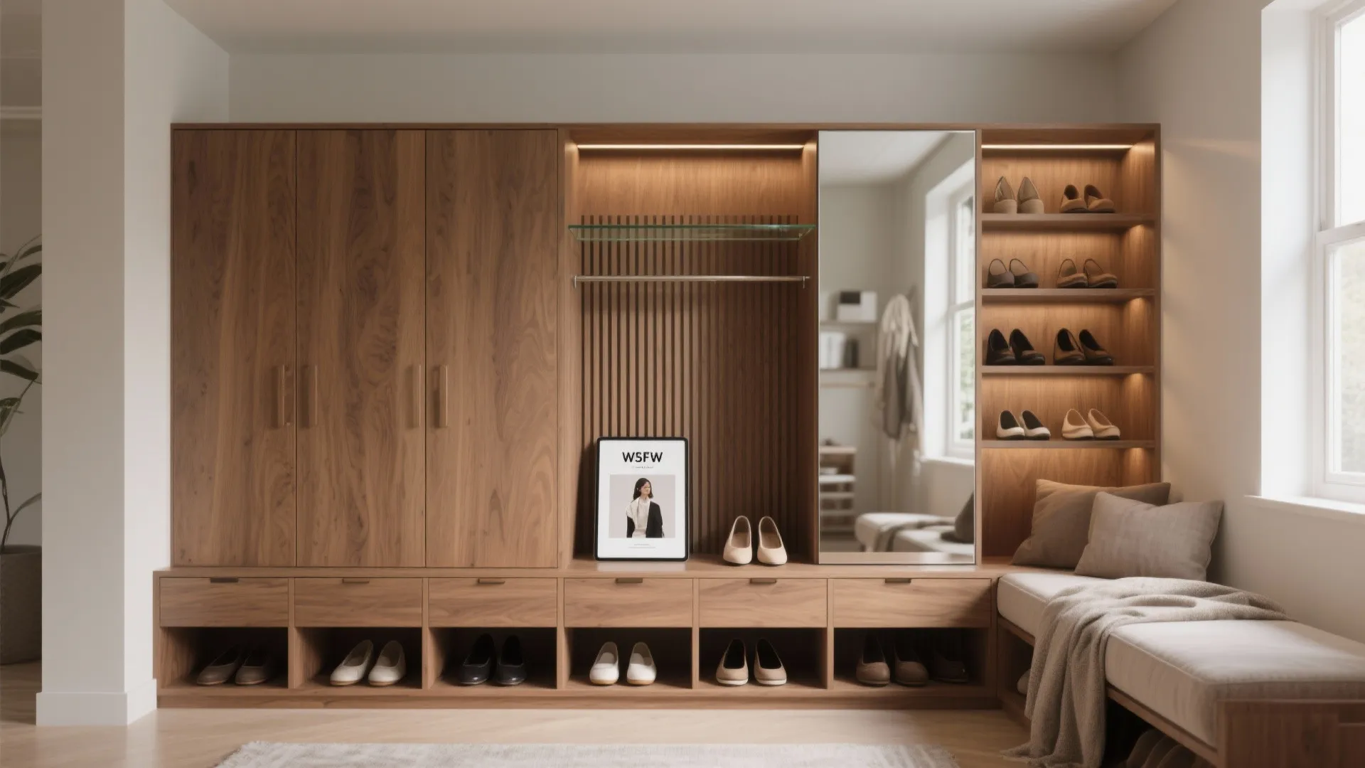 Large wooden entryway cabinet with shoe storage shelves a mirror and a small indoor seating area