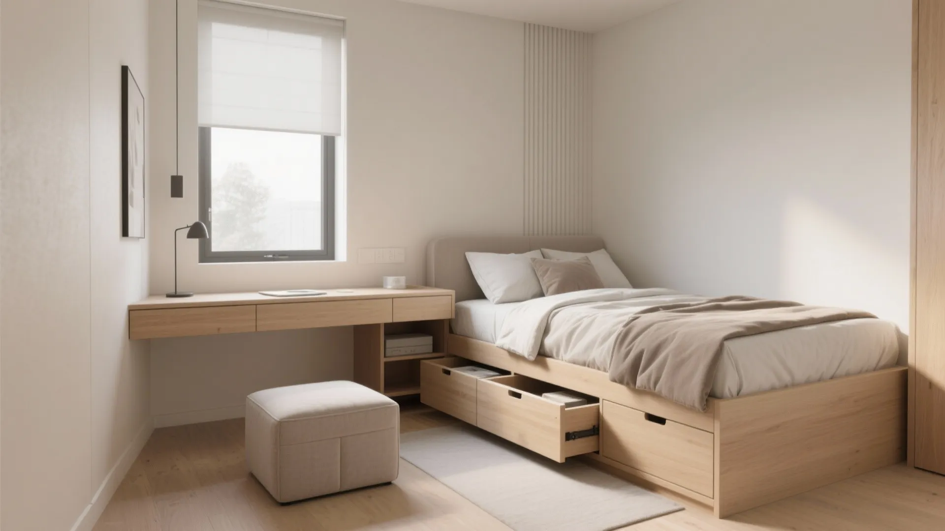Small bedroom with storage bed, wall desk, and ottoman