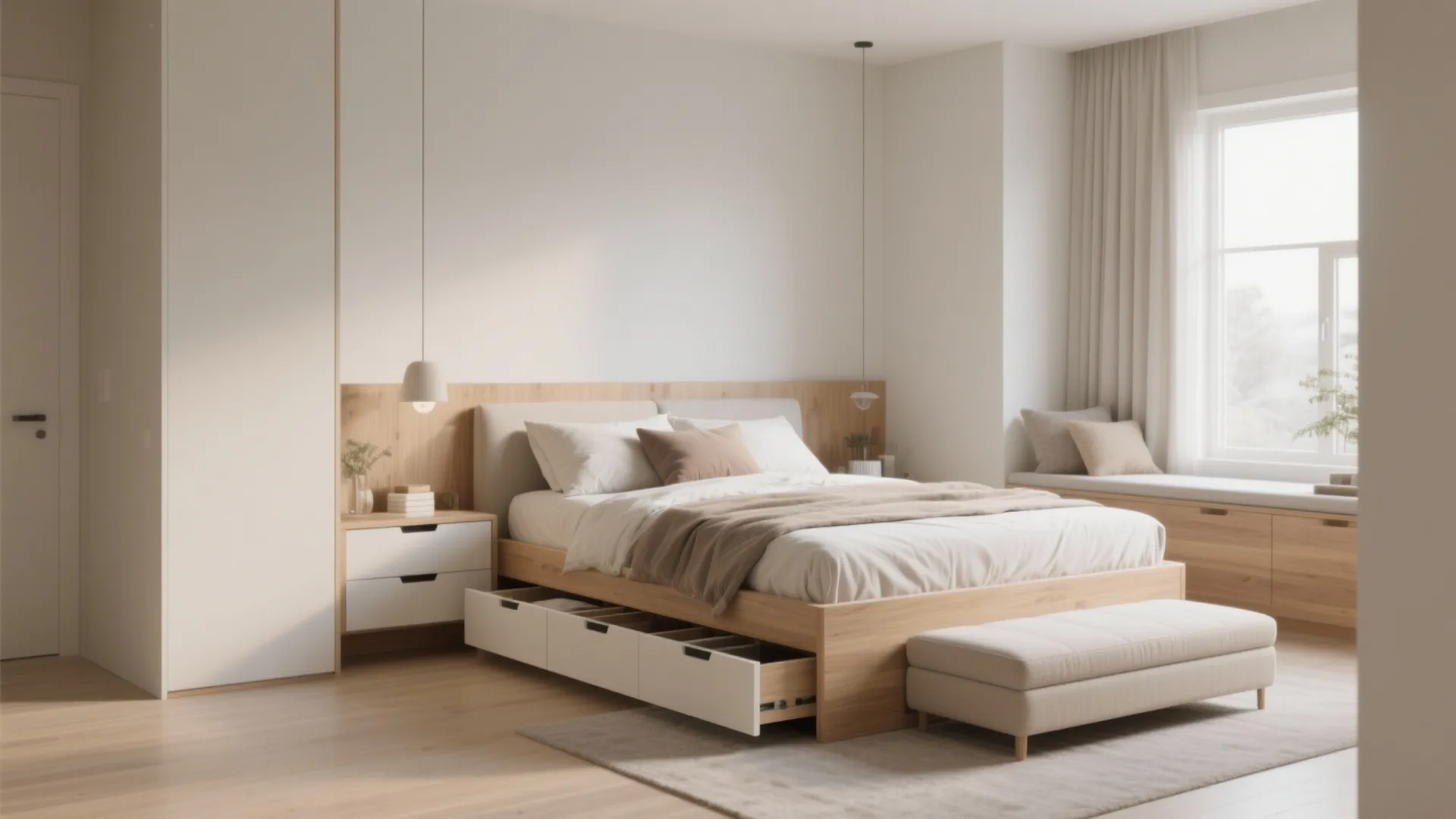 Light wood bed frame with storage drawers under mattress plus footrest in a bright bedroom