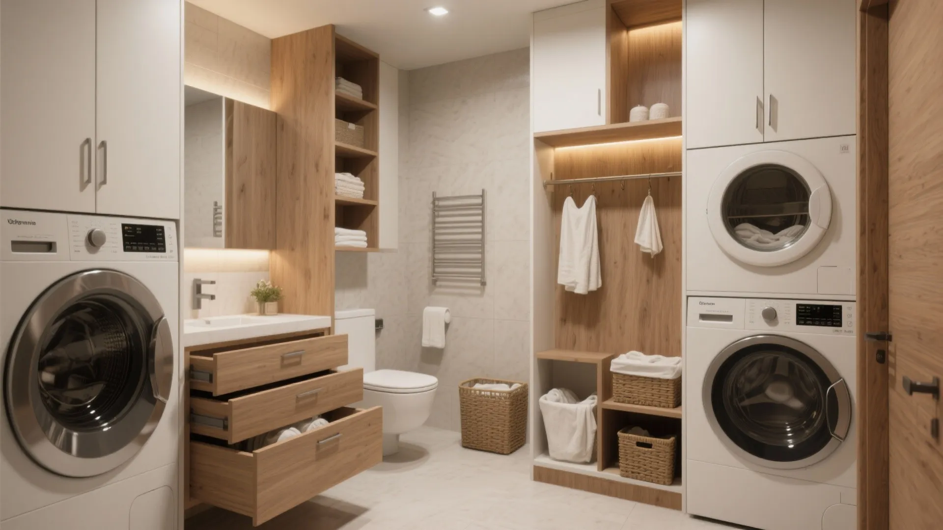 Modern bathroom with wooden cabinet storage for laundry machines toilet sink and open shelf organization