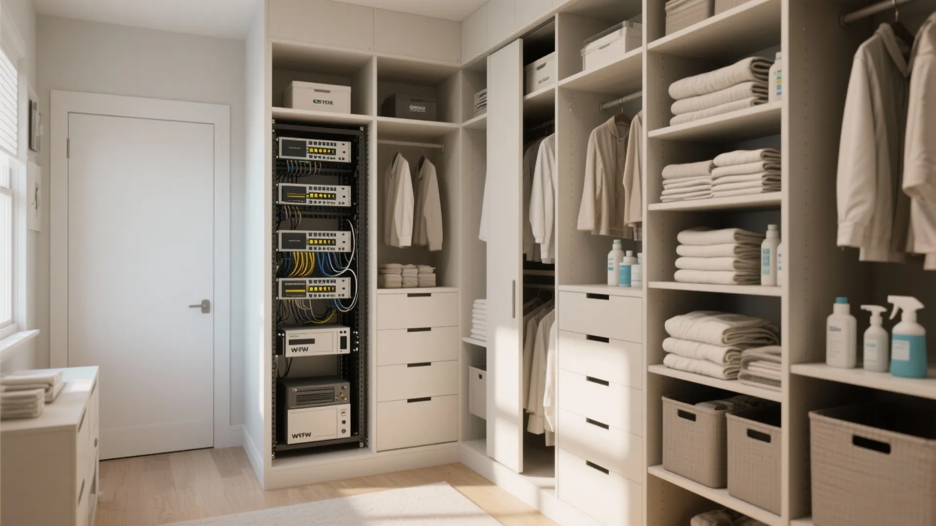 Large white closet system featuring organized clothes and towels beside a modern network equipment rack