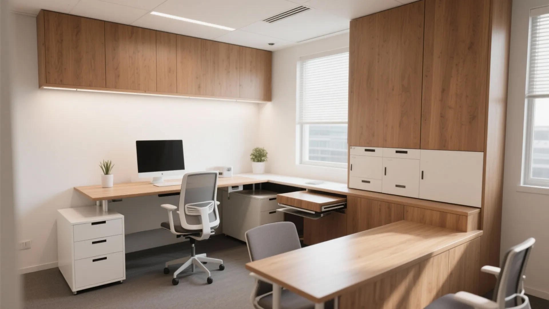 Standing desk with built-in storage and fold-out table in a small office