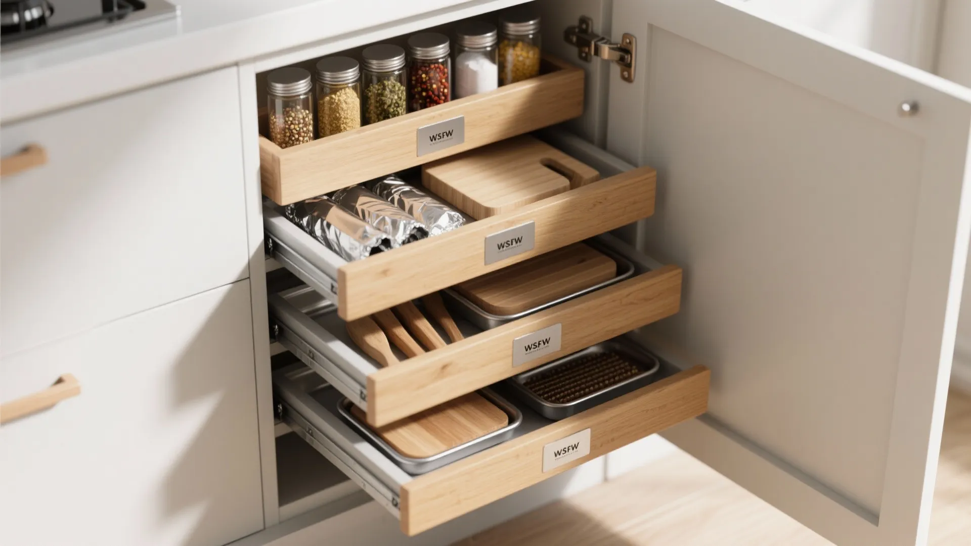 Multi-function narrow cupboard drawers with organized compartments