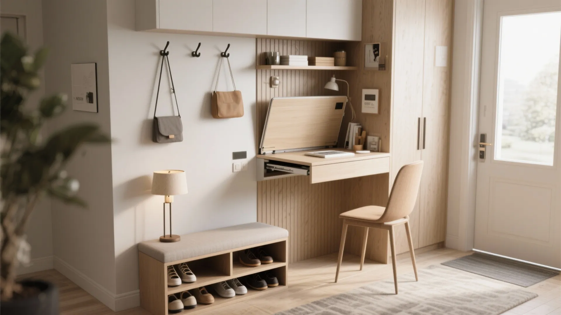 Multi-function entry with fold-down desk and storage bench in a mobile home