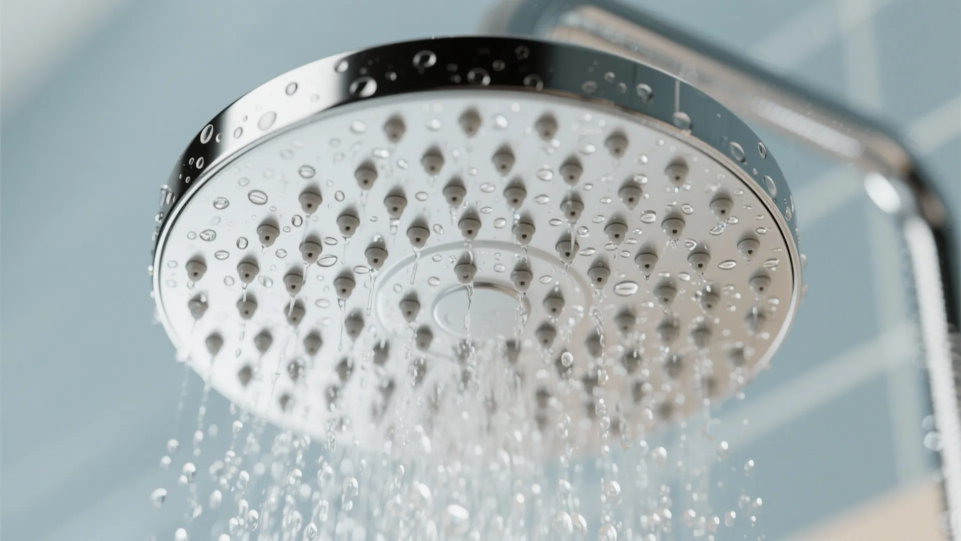 Round chrome shower head with water drops falling down against a soft blue bathroom wall