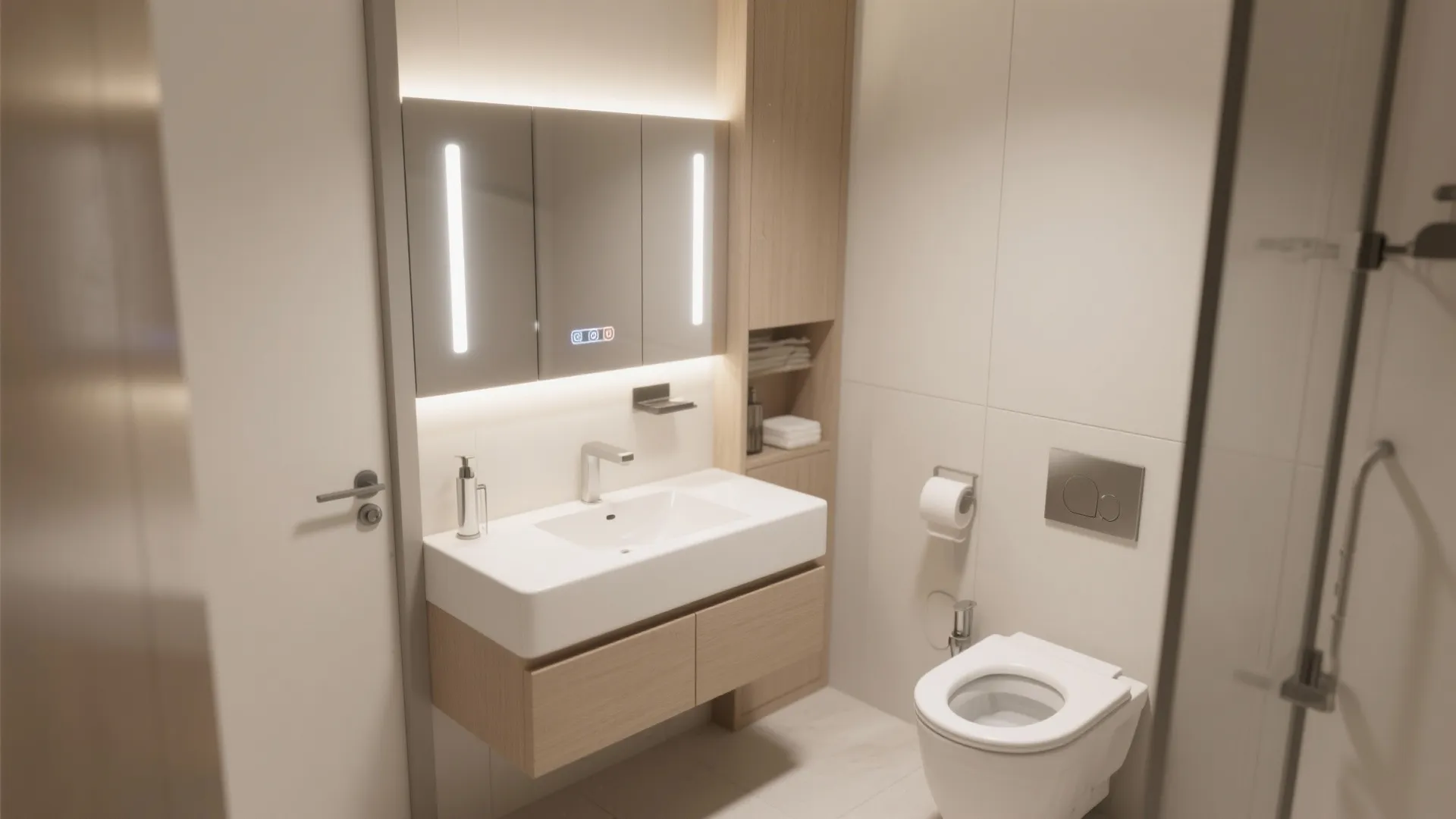 Modern bathroom with white sink wooden cabinet lighted mirror wall hung toilet and beige tiles