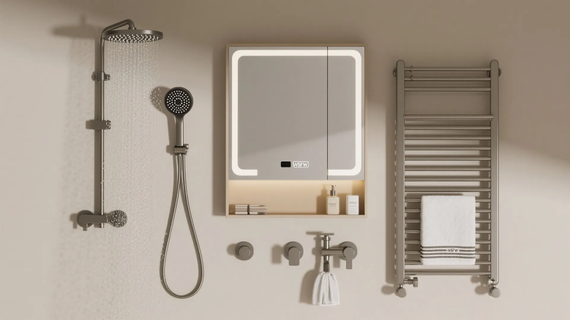 Wall mounted shower head light mirror towel rack and bathroom fixtures on a neutral wall