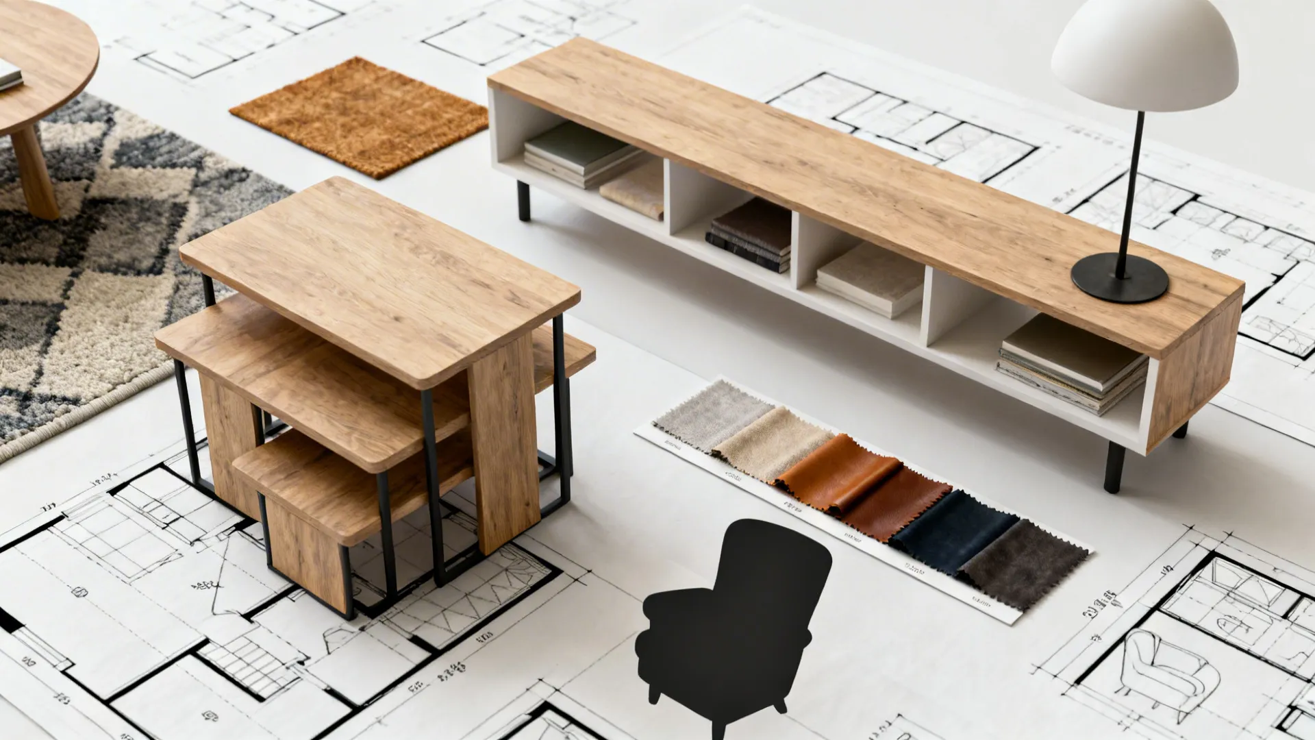 Flatlay of nesting tables, fabric swatches, lamp options and layout sketches for pairing with recliners