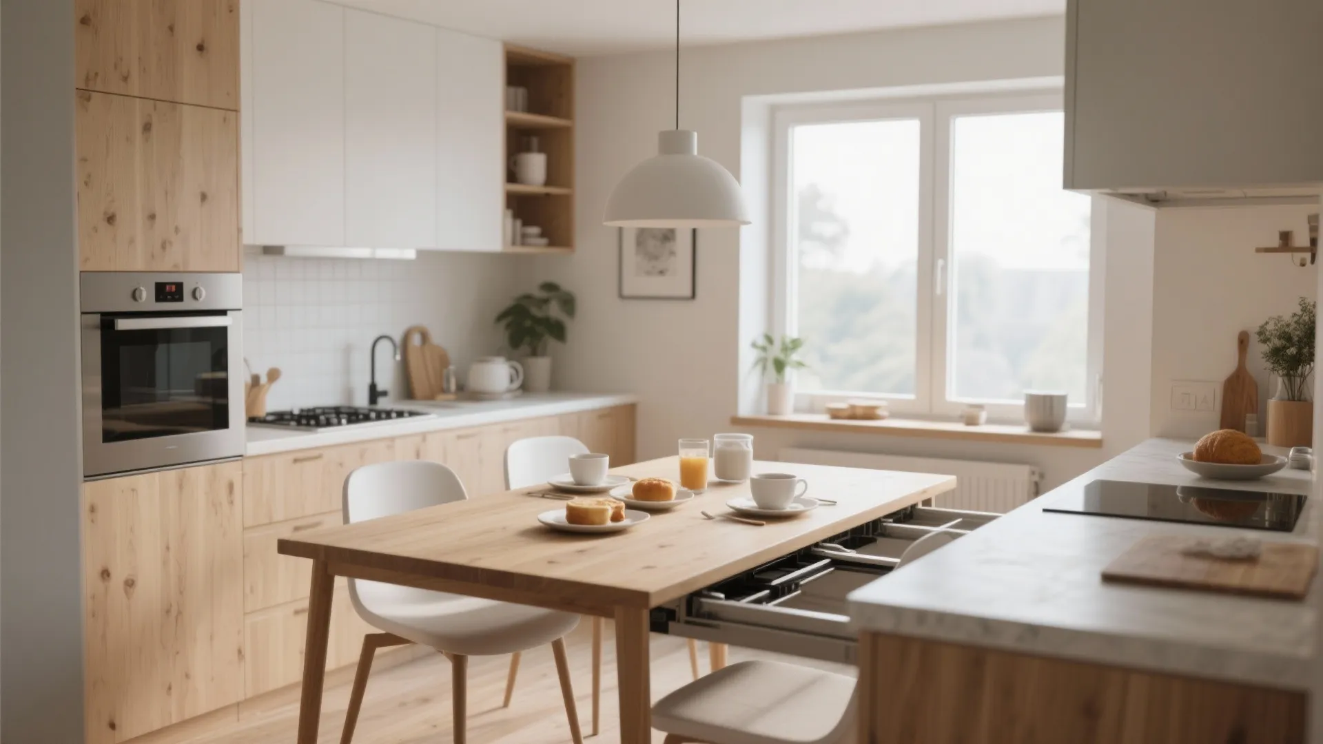 Modern wooden kitchen with white cabinets dining table breakfast food drinks ceiling light and large window