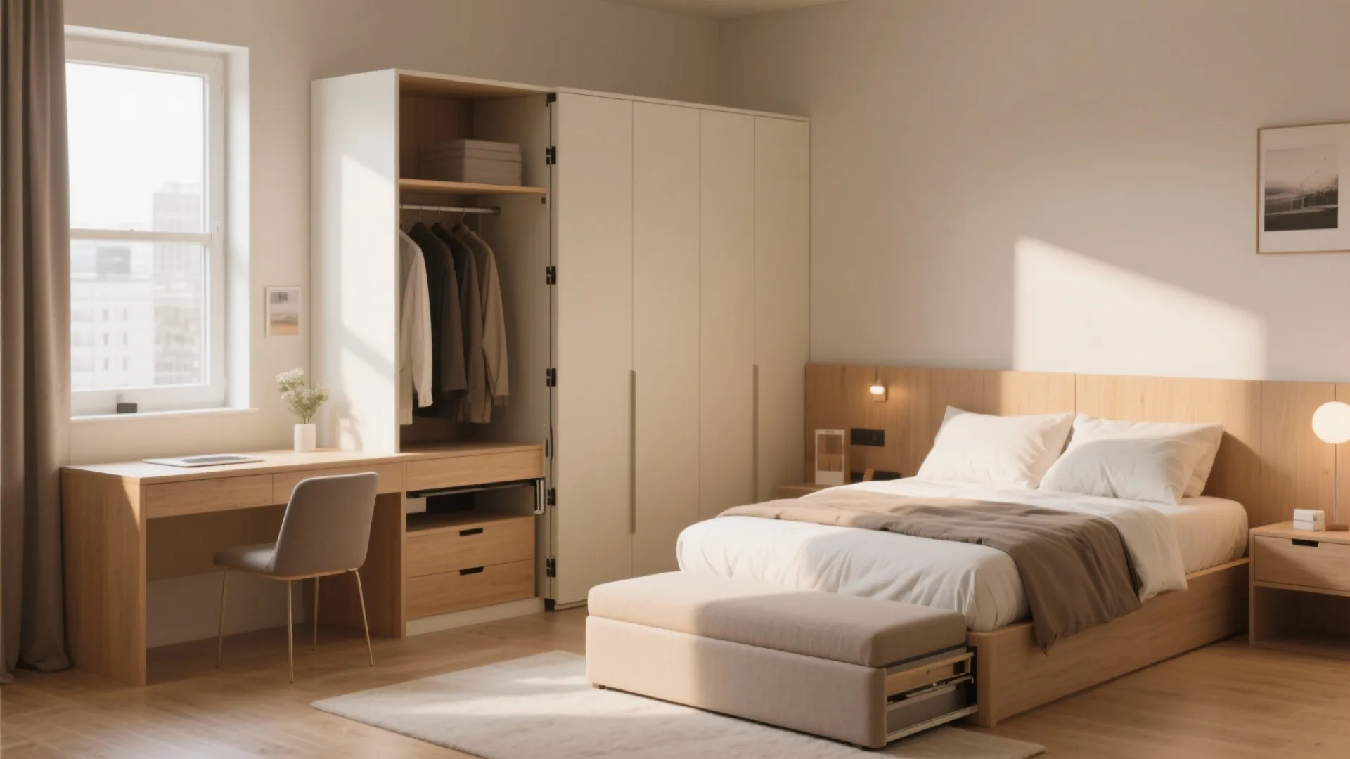 Light wood bedroom interior with a white cabinet desk unit and a beige storage footrest