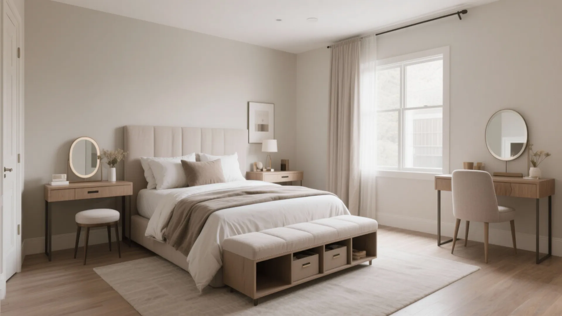 Modern neutral bedroom with a large bed, storage bench, two desks, and round wall mirrors