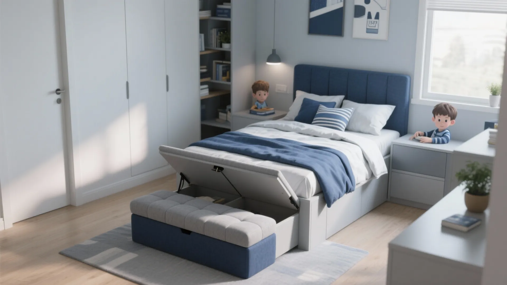Functional blue and grey bed with an open storage footrest in a modern bright bedroom