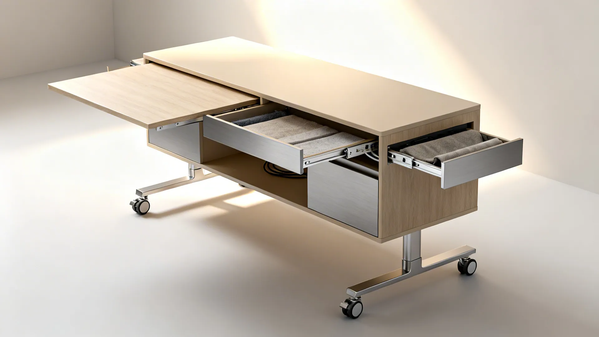 Convertible media console and movable TV stand with sample finishes and storage solutions for a multi-use living room.