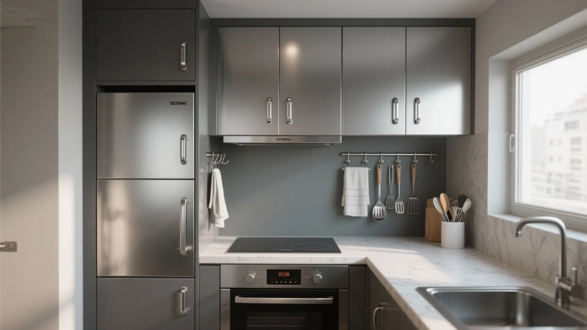 Modern grey kitchen design with silver cabinet handles and built-in appliances including oven and refrigerator