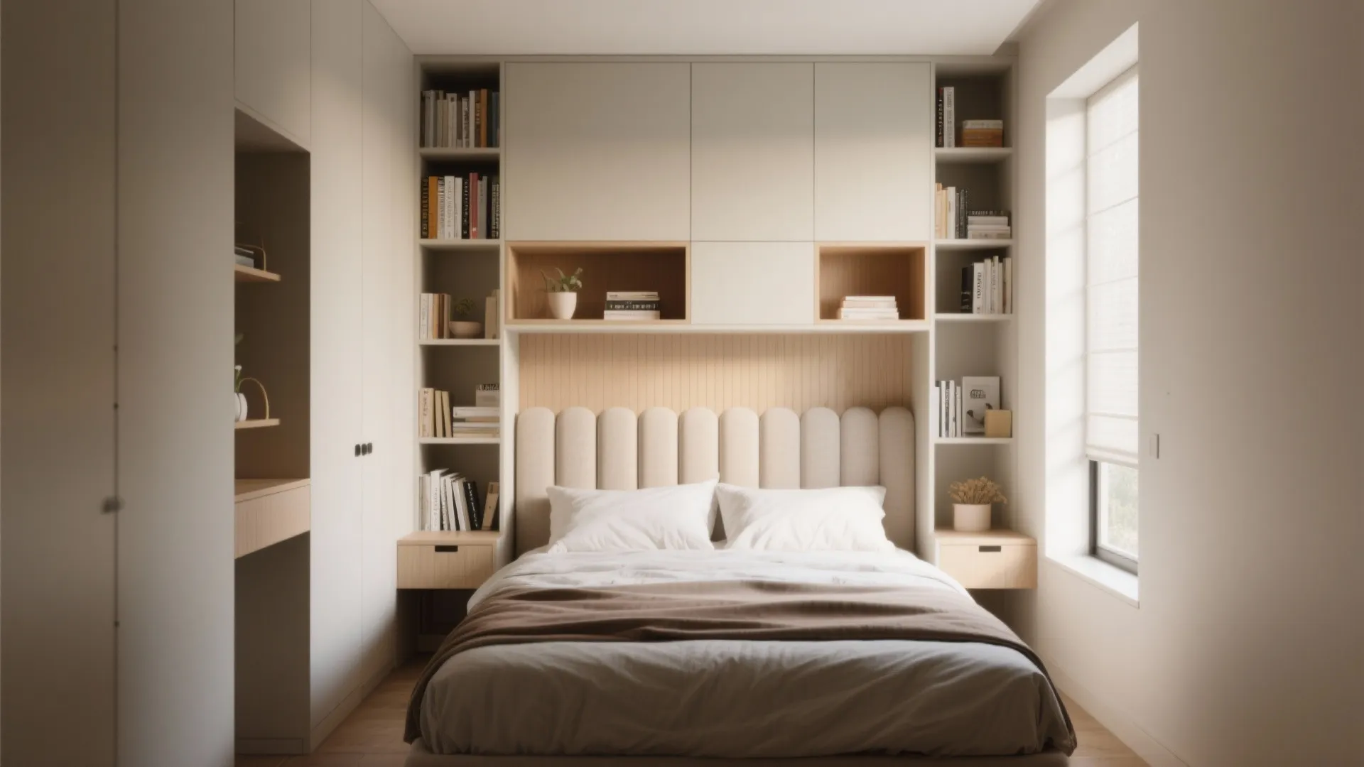 Minimalist bedroom featuring built-in wall storage bookshelves padded headboard bedside tables and bright window light