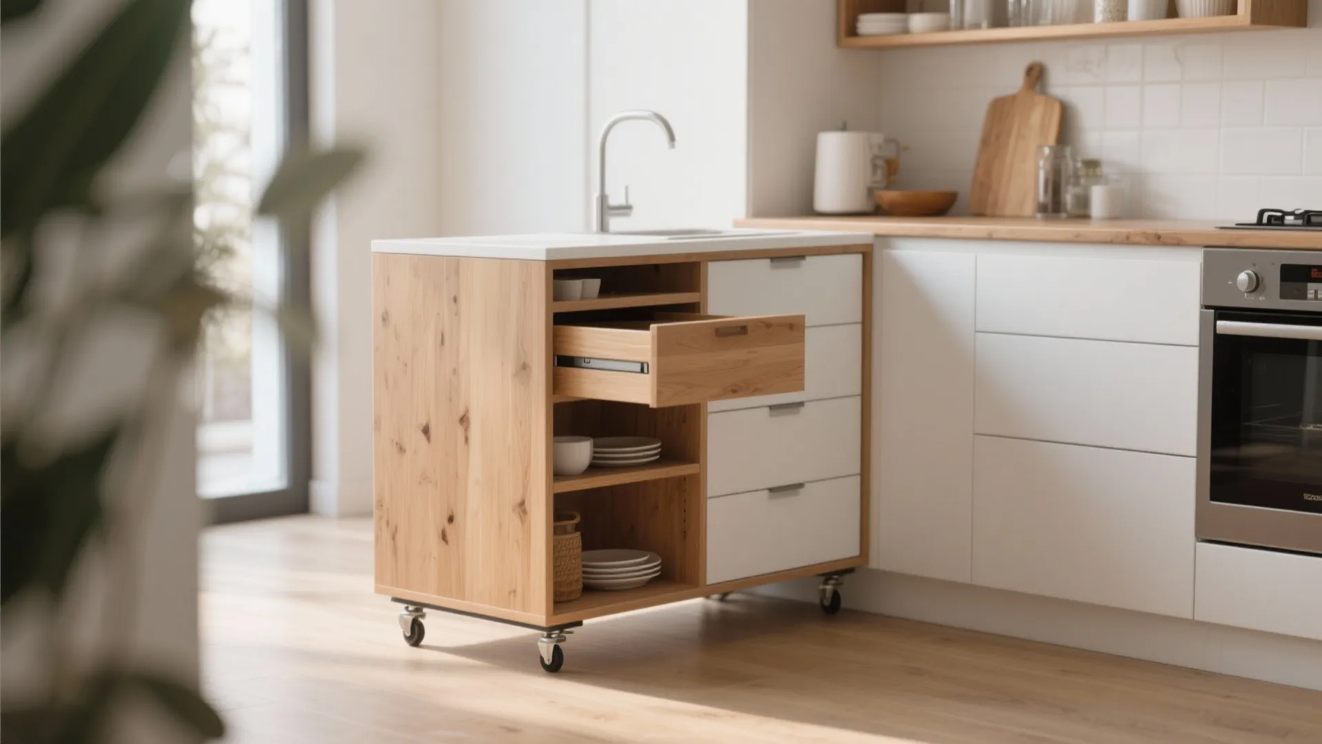 Small wooden kitchen island on wheels with white drawers and open shelves for plate storage
