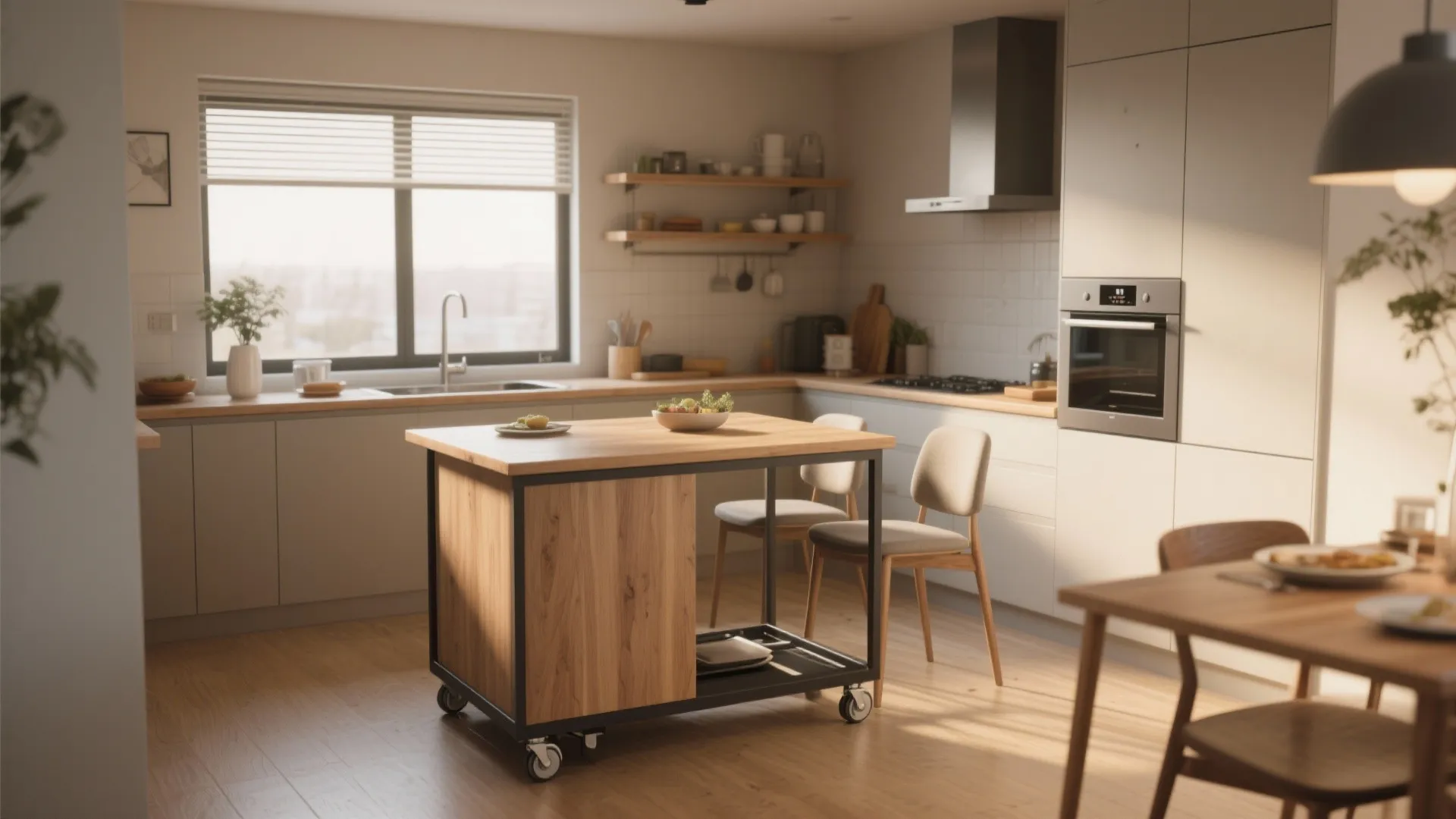 Movable wooden kitchen island with wheels inside modern kitchen featuring grey cabinets and bright window