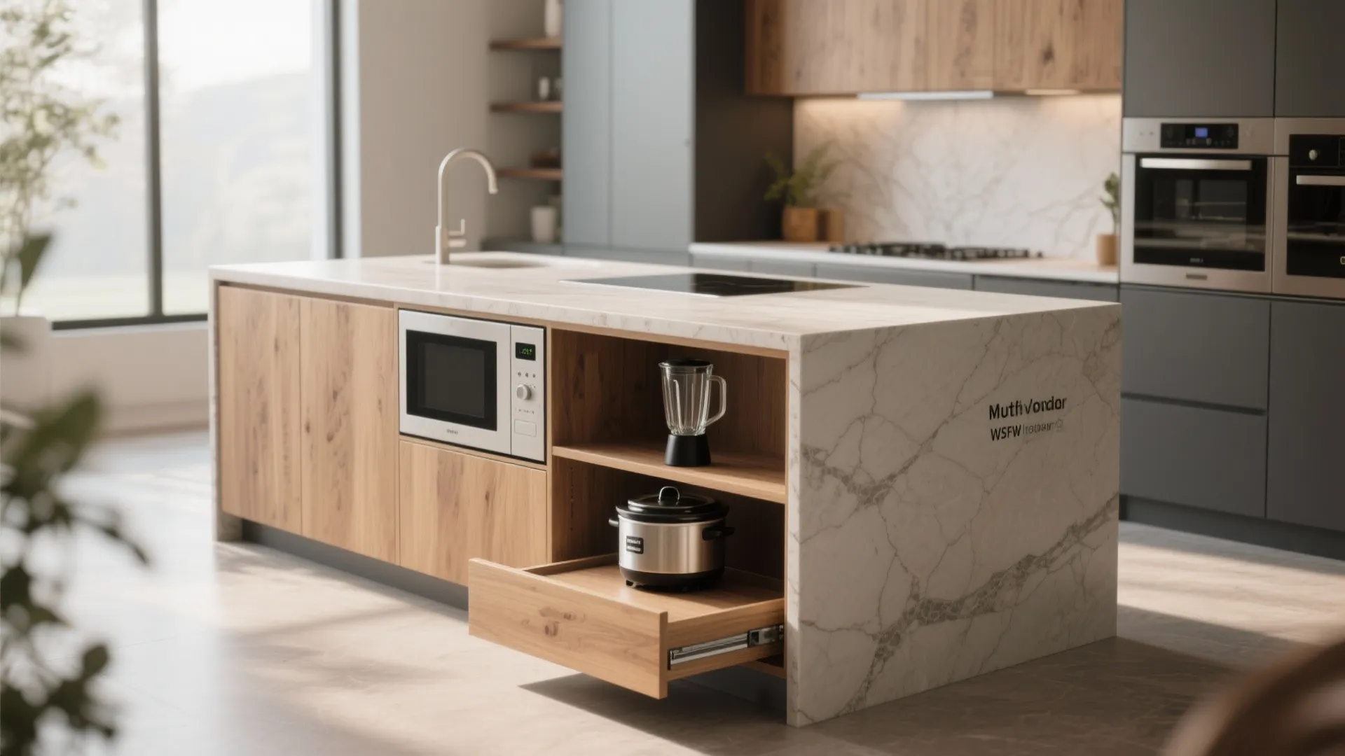 Large marble kitchen island with wood storage shelves holding a microwave and a small cooker