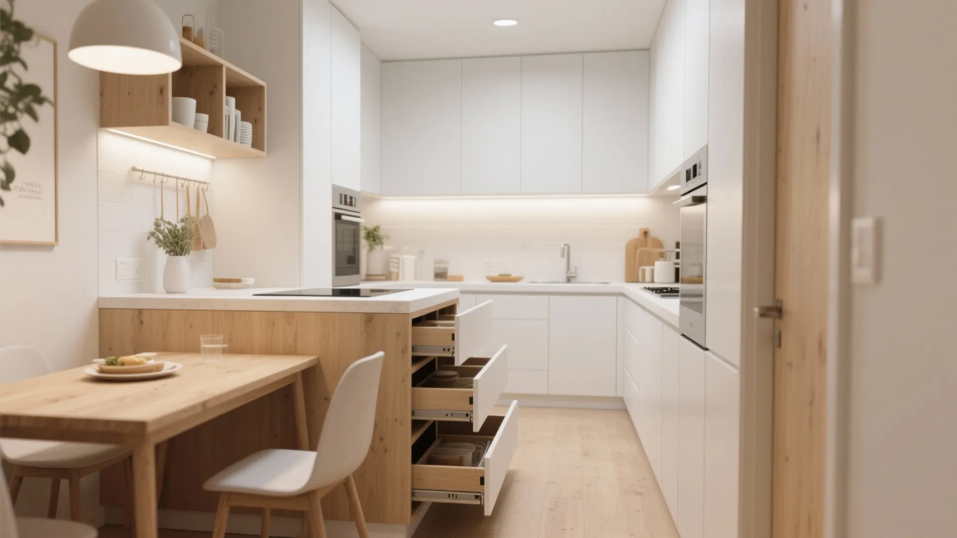 Narrow kitchen island with hidden storage and pull-out dining top