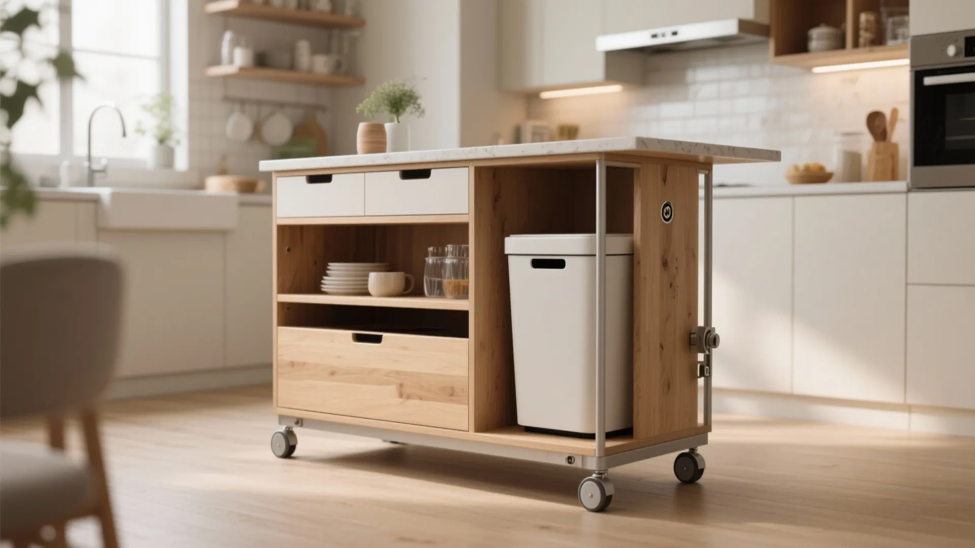 Wooden kitchen island on wheels with white drawers and a built in white trash bin
