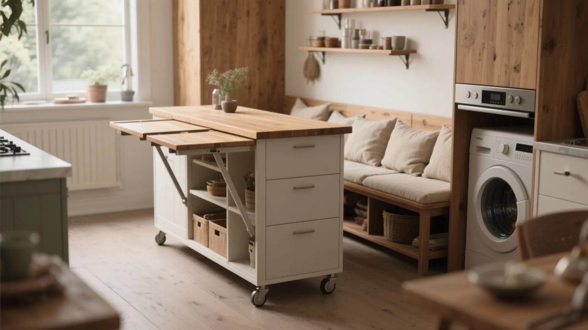 Narrow mobile island with drop-leaf and fold-down bench in a small Waldorf kitchen.