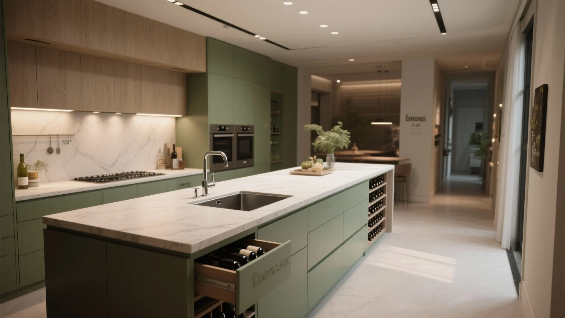 Long shallow island with built-in sink, drawers, and wine storage in a well-planned kitchen.