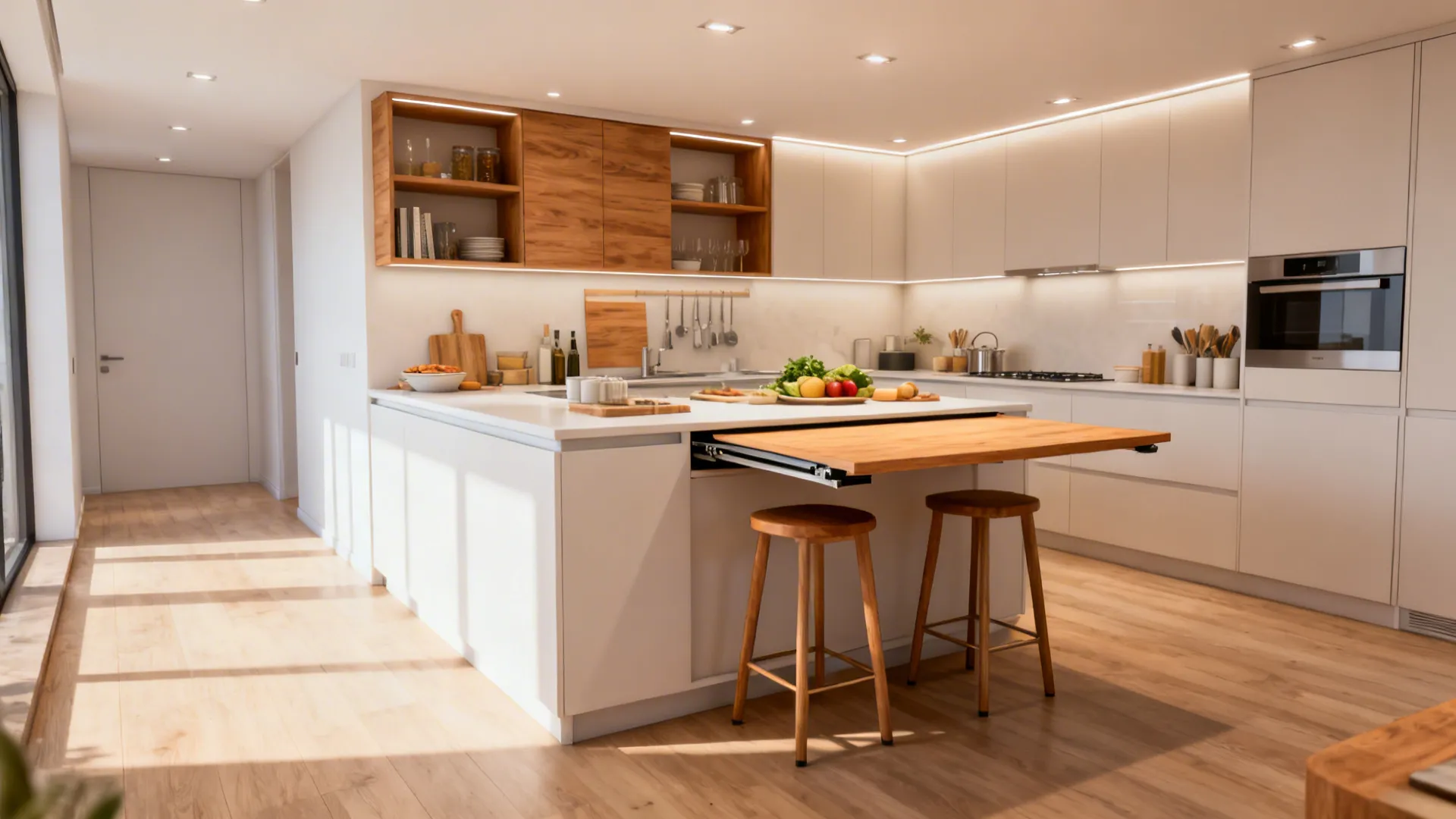 Multi-function island with fold-down counter and stools tucked away in a compact kitchen.