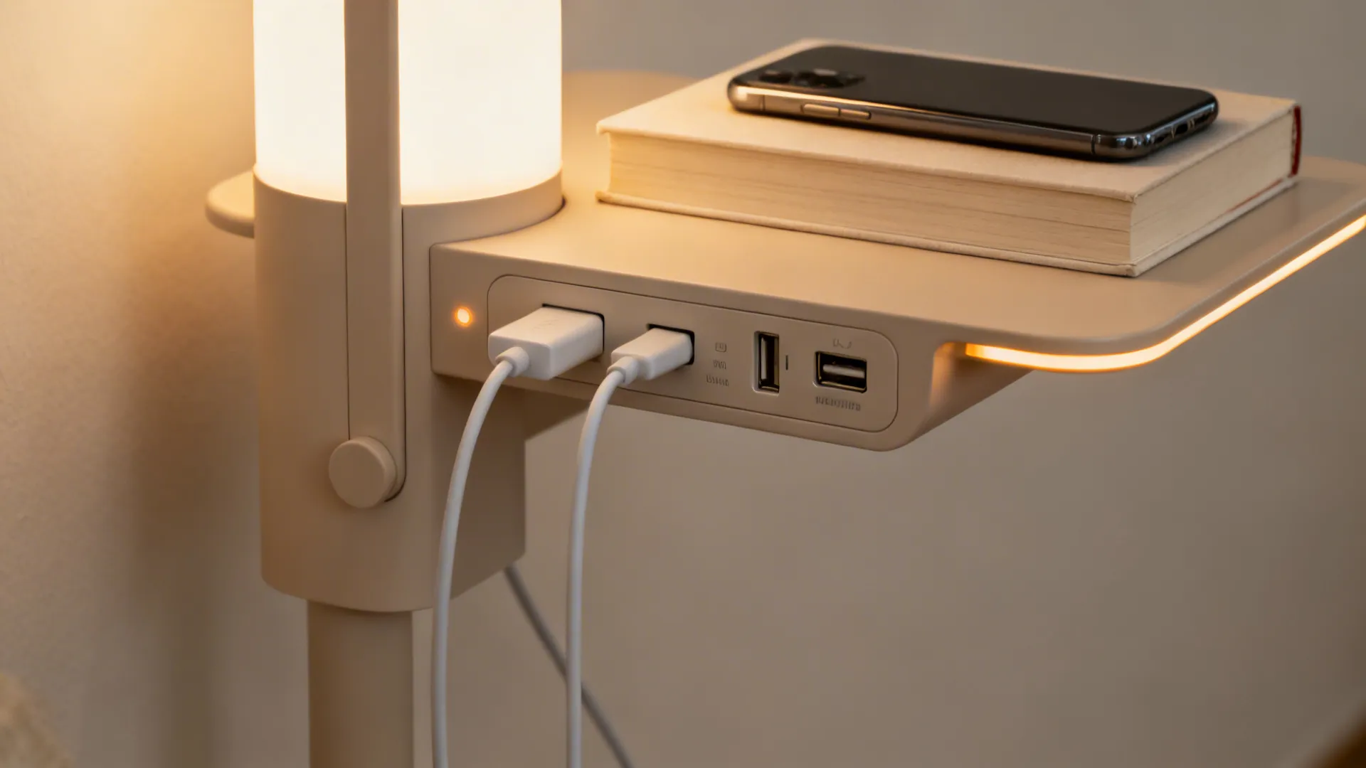Multi-function lamp with built-in shelf and USB port on a small end table, holding a phone and book