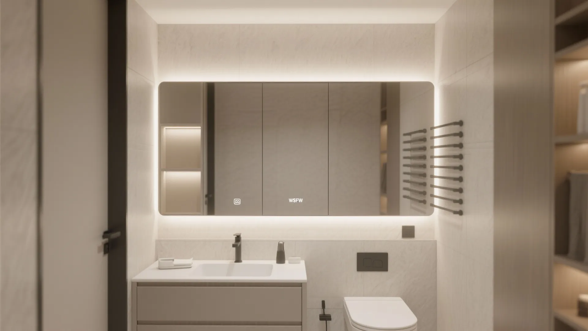 Modern bathroom vanity featuring large backlit mirror cabinet above white sink and wall mounted toilet