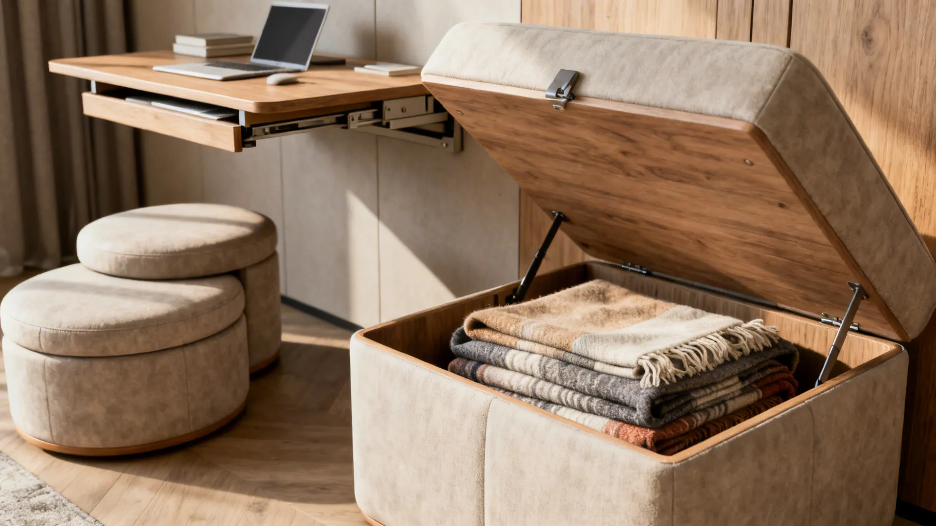 Ottoman with storage opened and a folded wall table used as a compact workstation.