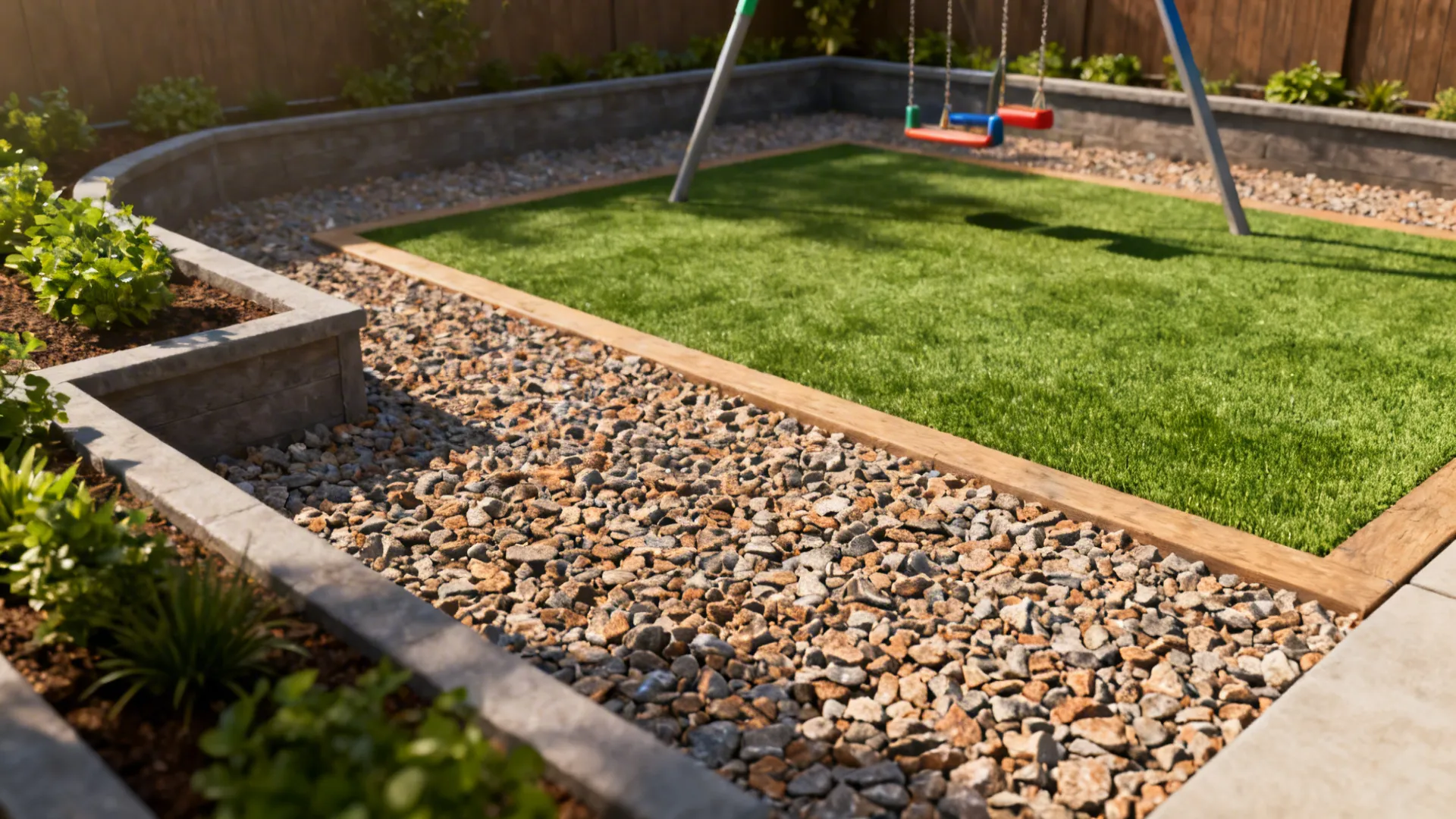 Patio with crushed rock infill, artificial grass play patch, and raised planter bands